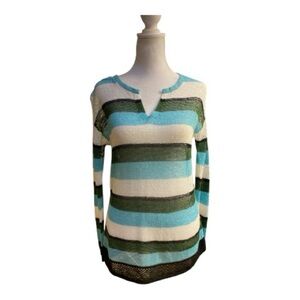 Talbots Multicolor Striped V-Neck Mesh Long Sleeves Sweater
